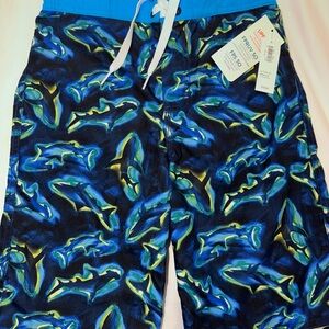 Old Navy Blue & Green Shark Print Kids Swim Trunks